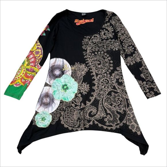 Desigual Long Sleeve Asymmetric Hem Graphic Tunic Top Estimated Size S - Picture 1 of 12